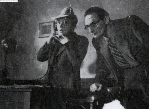 Turkow and Blumenfeld in the play ‘Freud's Theory of Dreams’ in the Warsaw Ghetto. The Ghetto Fighters' House Archives Israel, Jonas Turkow collection.   